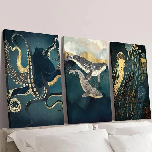 3pcs Octopus Whale Jellyfish Abstract Marine Wall Art Set Canvas Framed 40x60cm - High Quality Print 100% Australian Made Wall Canvas Ready to Hang