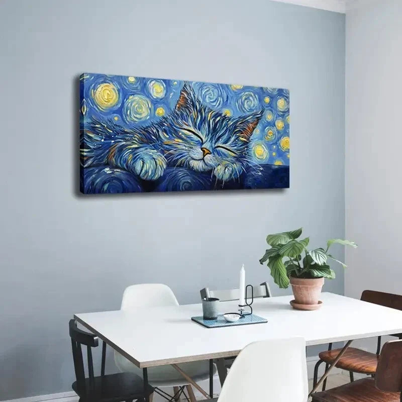 Sleeping Cat with Starry Night Wall Art Canvas Office Home Room Framed 120x60cm
