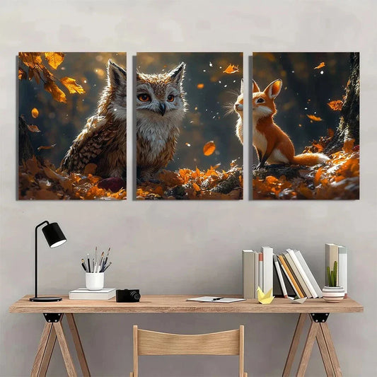 3pcs Enchanted Forest Animals Owl Fox Autumn Scene Metal Print Ready to Hang Art