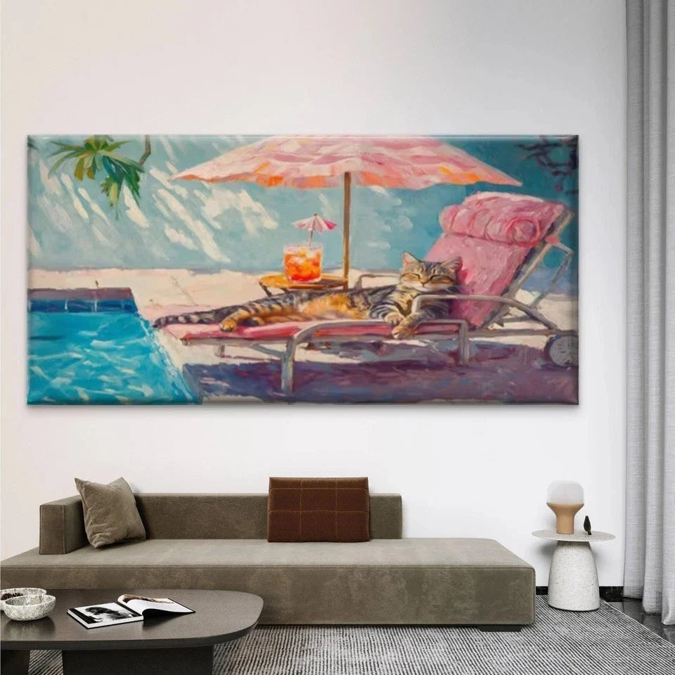 Poolside Cat & Tabby Cat Wall Art Canvas Office Home Room Framed 80x45cm