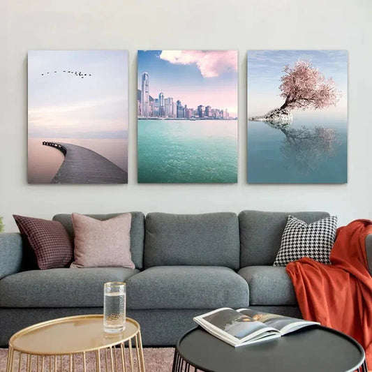 3pcs Pink Tree and Cityscape Flying Birds Metal Print Ready to Hang Art