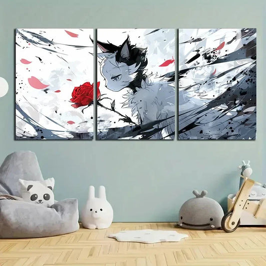 3pcs Cat Red Rose White & Black Metal Print Ready to Hang Art