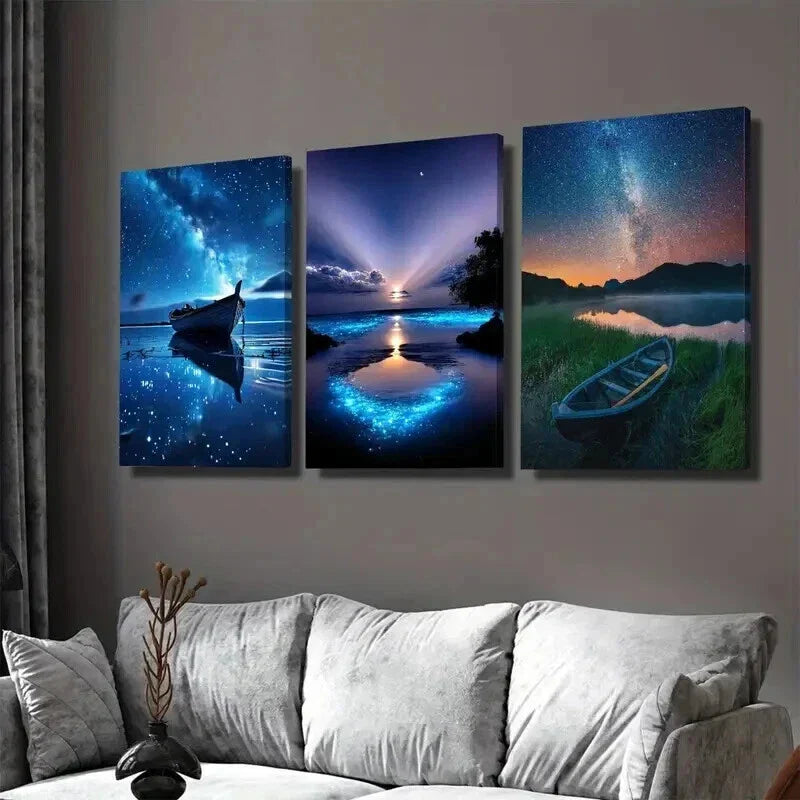 3pcs Starry Night Sky Blue Galaxy Landscape Wall Art Set Canvas Framed 40x60cm - High Quality Print 100% Australian Made Wall Canvas Ready to Hang