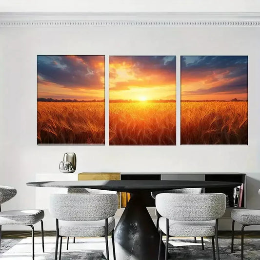 3pcss Golden Wheat Field Sunset -nature Wall Art Set Canvas Framed 40x60cm - High Quality Print 100% Australian Made Wall Canvas Ready to Hang