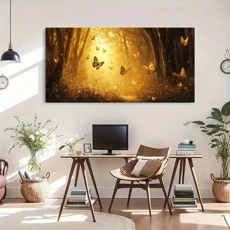 Butterflies & Sunlight Forest Wall Art Canvas Office Home Room Framed 80x45cm