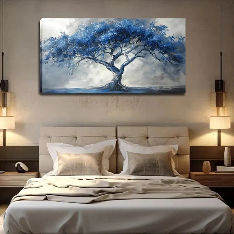 Blue Tree with Grey Background Wall Art Canvas Office Home Room Framed 80x45cm