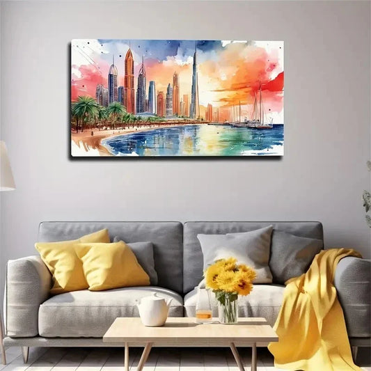 Vibrant Watercolor Bay Wall Art Canvas Office Home Room Framed 120x60cm