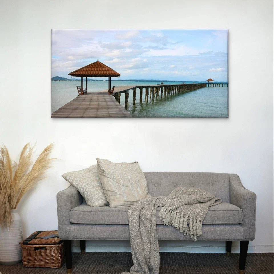 Wooden Pier and Beach Landscape Wall Art Canvas Office Home Framed 120x60cm