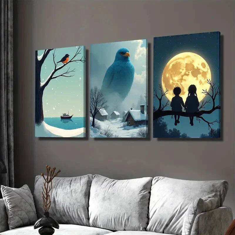 3pcs Winter Scene Blue Bird, And Moonlit Snow Wall Art Set Canvas Framed 40x60cm - High Quality Print 100% Australian Made Wall Canvas Ready to Hang