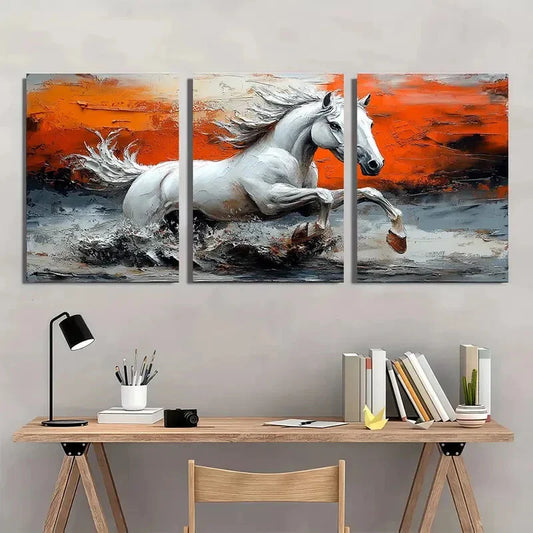 3pcs Abstract Galloping Horse Dark White Light Metal Print Ready to Hang Art