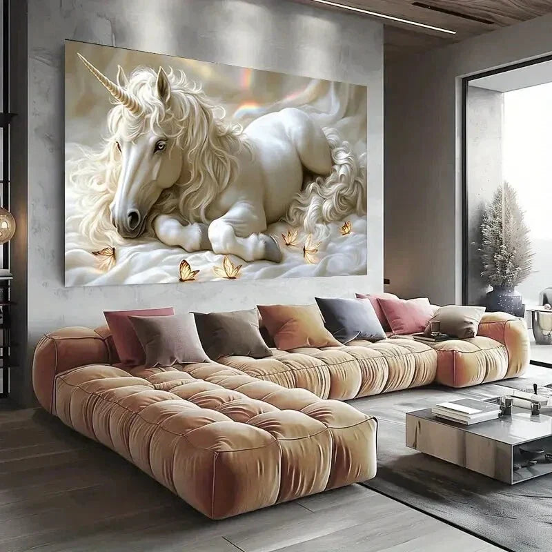 Majestic White Unicorn Golden Wall Art wall canvas office home room framed 80x45cm