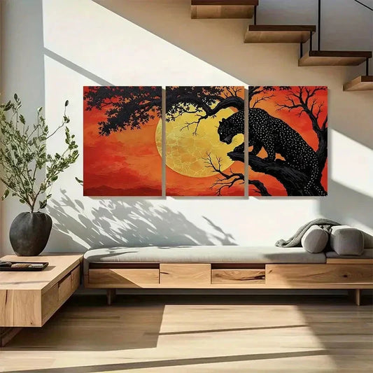 3pcs Bold Sunset Modern Black Leopard Metal Print Ready to Hang Art