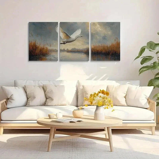 3pcs Serene Landscape with Swans and Reeds Wall Art Set Canvas Framed 40x60cm - High Quality Print 100% Australian Made Wall Canvas Ready to Hang