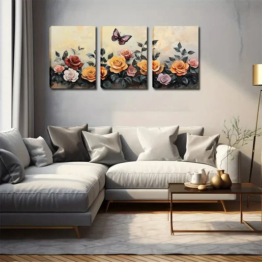 3pcs Pink Yellow Red Vintage Floral Natural Eco Wall Art Set Canvas Framed 40x60cm - High Quality Print 100% Australian Made Wall Canvas Ready to Hang