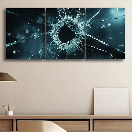3pcs Shattered Glass Design Blue Metal Print Ready to Hang Art