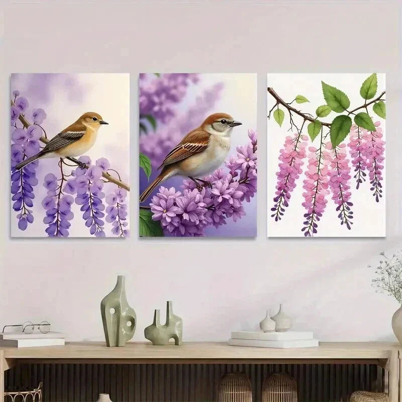 3pcs Beautiful Bird and Flower Purple Floral Wall Art Set Canvas Framed 40x60cm - High Quality Print 100% Australian Made Wall Canvas Ready to Hang