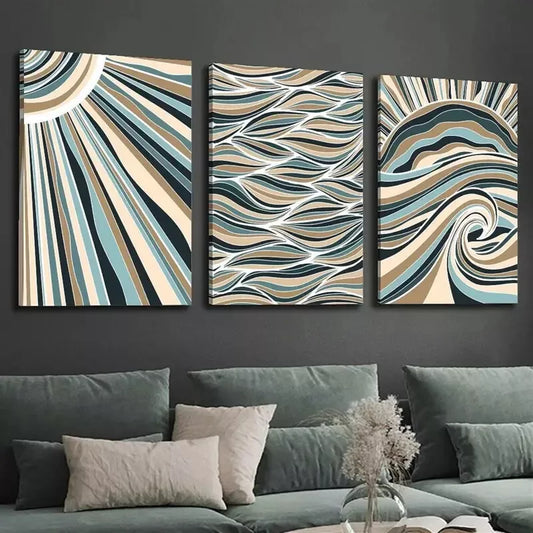 3pcs Wavy Ribbons in Blue Green and Beige Wall Art Set Canvas Framed 40x60cm - High Quality Print 100% Australian Made Wall Canvas Ready to Hang