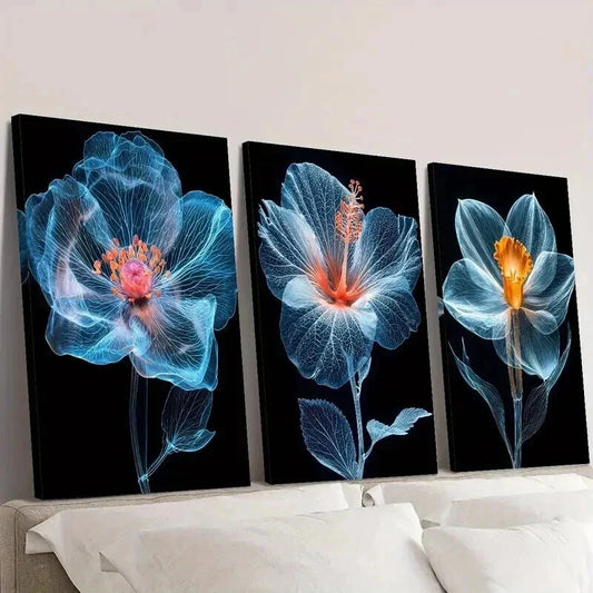 3pcs Translucent Blue Flowers Decoration Wall Art Set Canvas Framed 40x60cm - High Quality Print 100% Australian Made Wall Canvas Ready to Hang