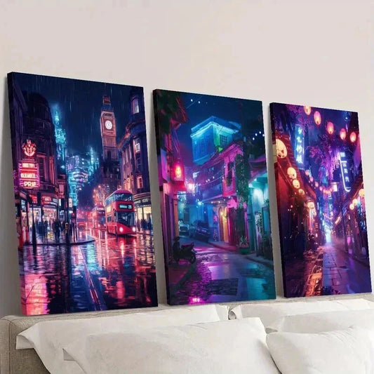 3pcs City Night Scene under Neon Lights Wall Art Set Canvas Framed 40x60cm - High Quality Print 100% Australian Made Wall Canvas Ready to Hang