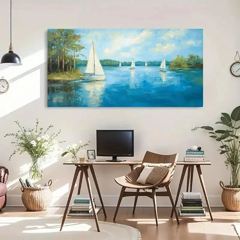 River Reflections Sailboats Wall Art Canvas Office Home Room Framed 120x60cm