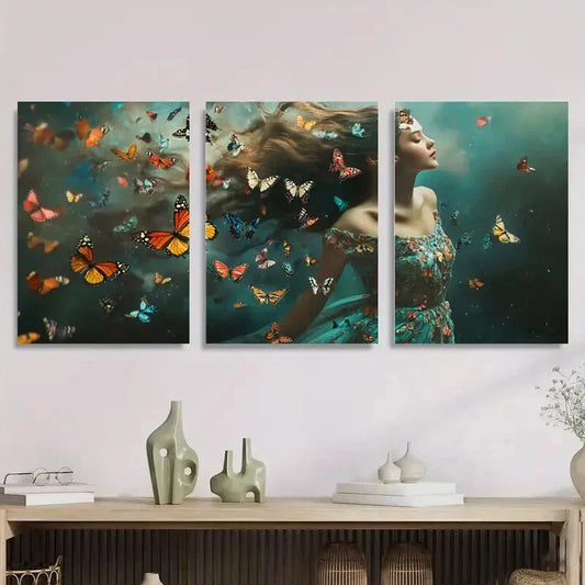 3pcs Woman Surrounded by Butterflies Metal Print Ready to Hang Art