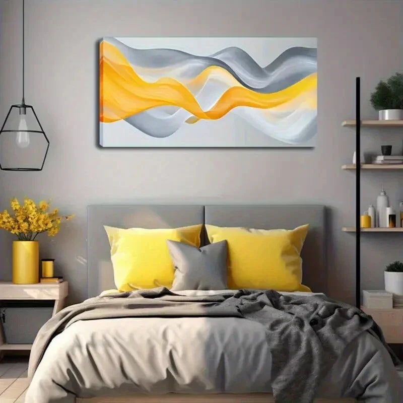 Vibrant Orange & Gray Waves Wall Art Canvas Office Home Room Framed 120x60cm