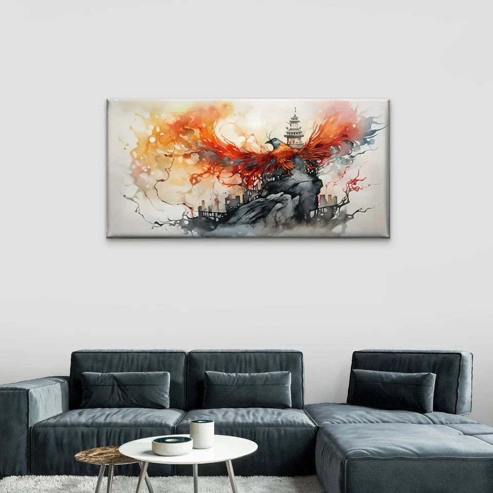 Vibrant Phoenix Rising Castle Wall Art Canvas Office Home Room Framed 80x45cm