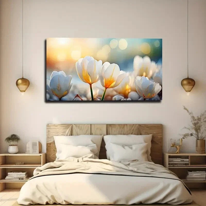 Sunlit White Tulips Bohemian Wall Art Canvas Office Home Room Framed 80x45cm
