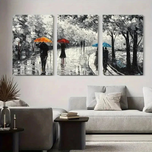 3pcs Black and White Rainy Umbrella Metal Print Ready to Hang Art