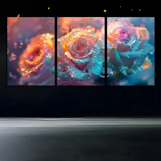 3pcs Pink Rose Floral Blue & Pink Metal Print Ready to Hang Art