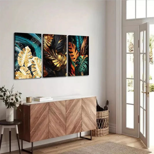 3pcs Stylish Black And Golden Feathers Leaves Wall Art Set Canvas Framed 40x60cm - High Quality Print 100% Australian Made Wall Canvas Ready to Hang