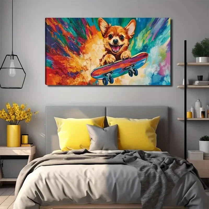 Dog Skateboard Decor Wall Art Canvas Office Home Room Framed 80x45cm