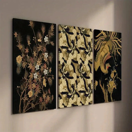 3pcs Dark Japanese Botanical Floral & Bird Wall Art Set Canvas Framed 40x60cm - High Quality Print 100% Australian Made Wall Canvas Ready to Hang