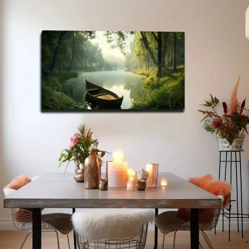 Serene Forest & Lake Scene Wall Art canvas office home room framed 120x60cm