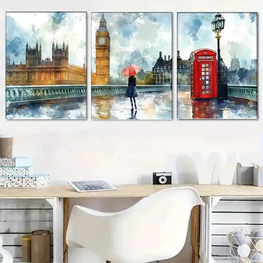 3pcs elegant London Landmarks watercolor Wall Art Set Canvas Framed 40x60cm - High Quality Print 100% Australian Made Wall Canvas Ready to Hang