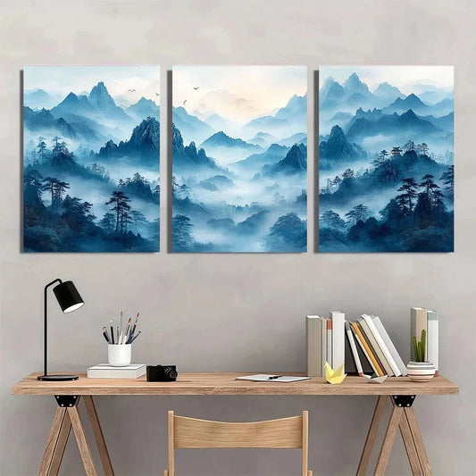 3pcs Chinese Style Mountain Blue Hues Metal Print Ready to Hang Art
