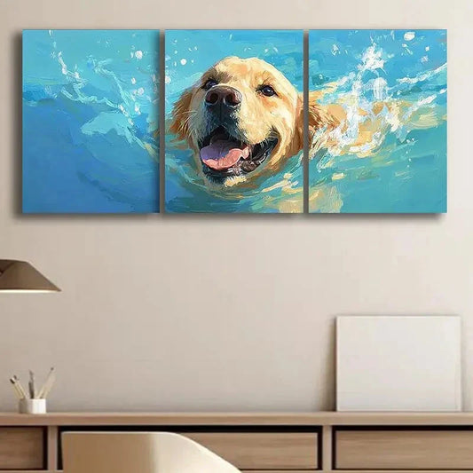 3pcs Colorful Swimming Puppy Blue Water Perfect Wall Art Set Canvas Framed 40x60cm - High Quality Print 100% Australian Made Wall Canvas Ready to Hang