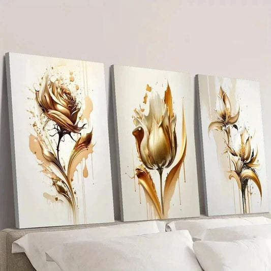 3pcs Golden Rose Abstract Concept Illustration Wall Art Set Canvas Framed 40x60cm - High Quality Print 100% Australian Made Wall Canvas Ready to Hang