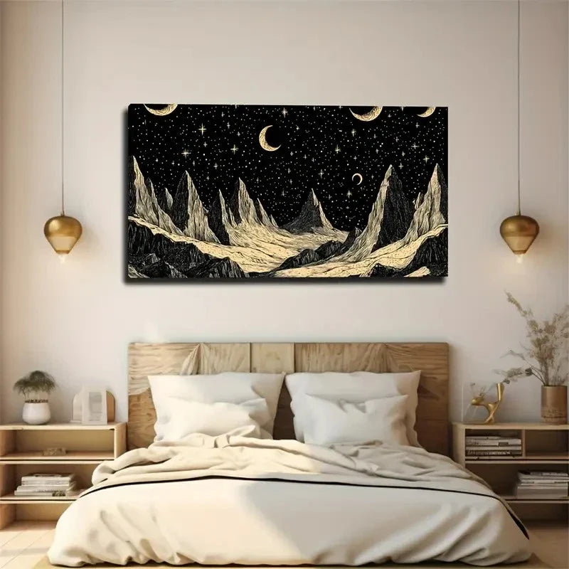 Starry Night Sky With Mountains Wall Art Canvas Office Home Room Framed 120x60cm
