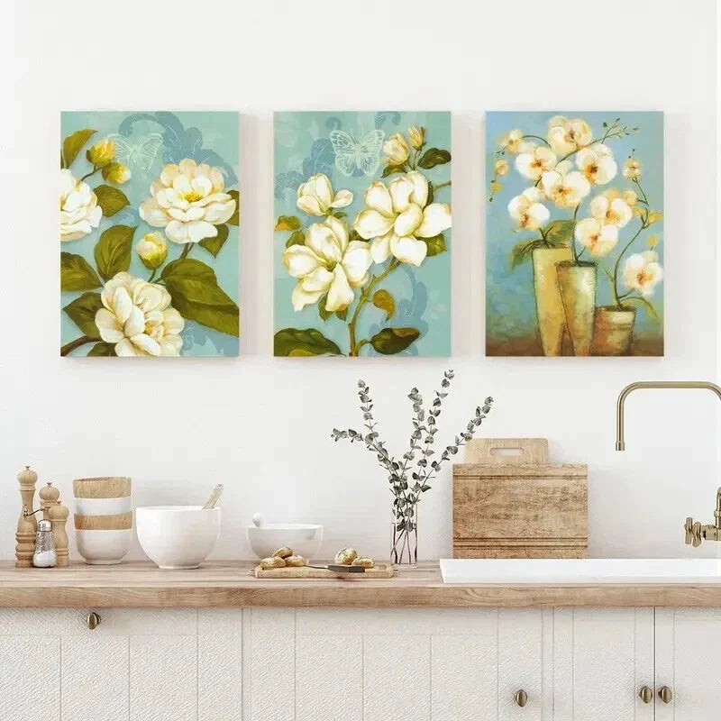 3pcs Teal Background & White Flowers Wall Art Set Canvas Framed 40x60cm - High Quality Print 100% Australian Made Wall Canvas Ready to Hang