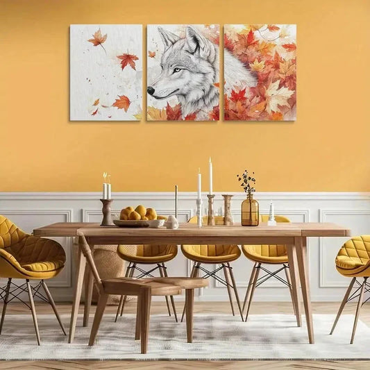 3pcs Wolf Head & Shoulders Autumn Leaves Metal Print Ready to Hang Art