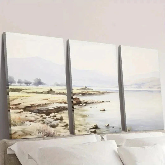 3pcs Coastal Sandy Shore and Wildflowers Wall Art Set Canvas Framed 40x60cm - High Quality Print 100% Australian Made Wall Canvas Ready to Hang