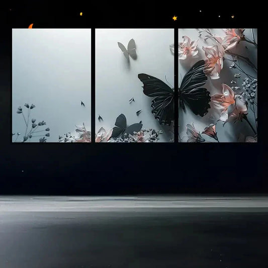 3pcs Black Butterfly White Flowers Leaves Metal Print Ready to Hang Art