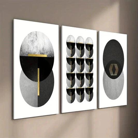 3pcs Black White and Golden Geometric Wall Art Set Canvas Framed 40x60cm - High Quality Print 100% Australian Made Wall Canvas Ready to Hang