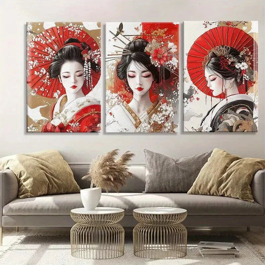 3pcs Women Red Umbrellas Elegant Geisha Perfect Wall Art Set Canvas Framed 40x60cm - High Quality Print 100% Australian Made Wall Canvas Ready to Hang