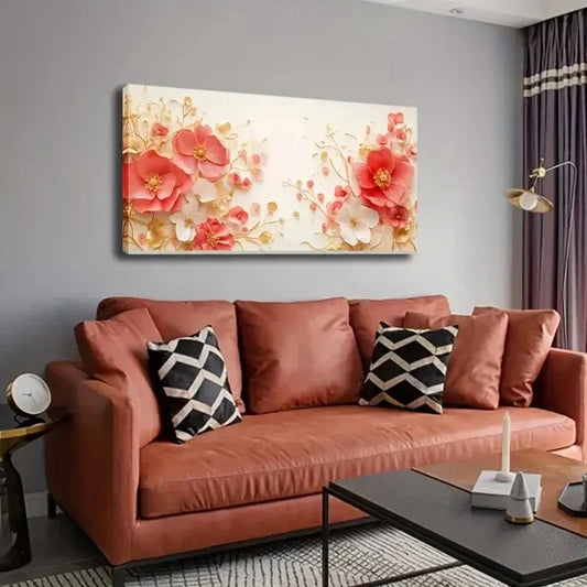 White Floral With Golden Leaf Wall Art Canvas Office Home Room Framed 120x60cm