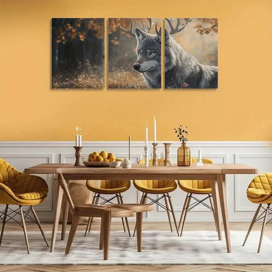 3pcs Gray Wolf with Antlers Autumn Forest Metal Print Ready to Hang Art