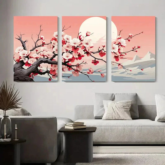 3pcs Serene Cherry Blossom Mountain Metal Print Ready to Hang Art