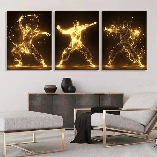 3pcs Glowing Martial Golden Energy Perfect Wall Art Set Canvas Framed 40x60cm - High Quality Print 100% Australian Made Wall Canvas Ready to Hang