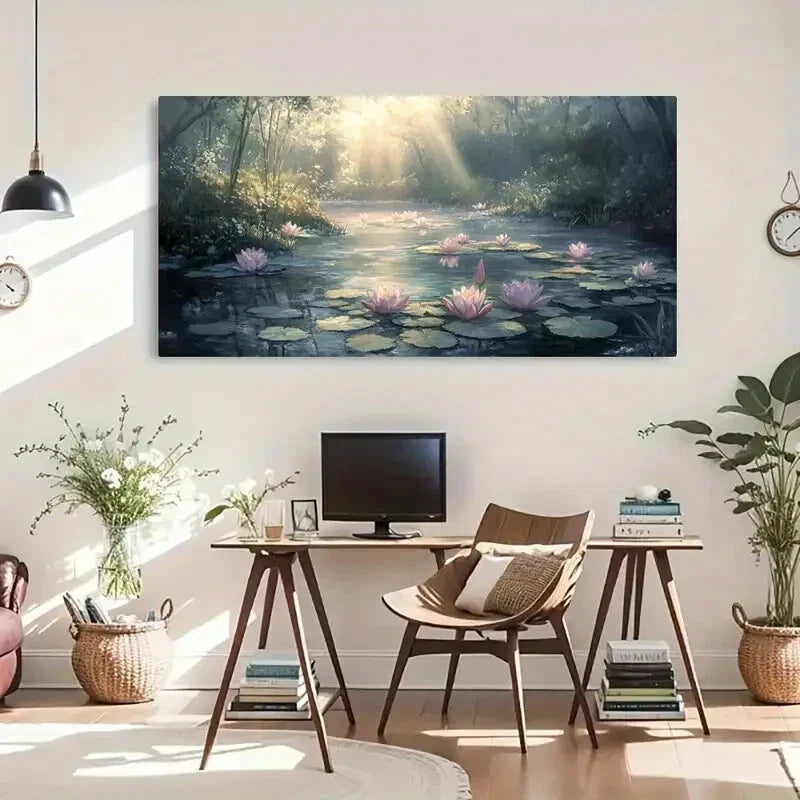 Sunlit Pond Landscape Lotus Wall Art Canvas Office Home Room Framed 120x60cm